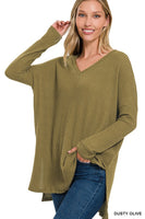 BRUSHED THERMAL WAFFLE V-NECK HI-LOW HEM SWEATER