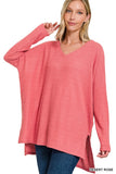 BRUSHED THERMAL WAFFLE V-NECK HI-LOW HEM SWEATER