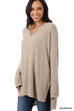 BRUSHED THERMAL WAFFLE V-NECK HI-LOW HEM SWEATER