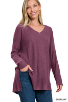 BRUSHED THERMAL WAFFLE V-NECK HI-LOW HEM SWEATER