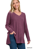 BRUSHED THERMAL WAFFLE V-NECK HI-LOW HEM SWEATER