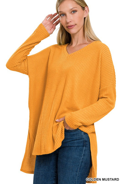 BRUSHED THERMAL WAFFLE V-NECK HI-LOW HEM SWEATER