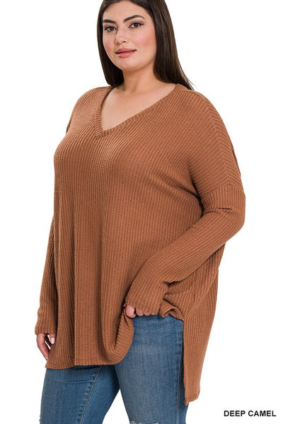 PLUS BRUSHED THERMAL WAFFLE V-NECK SWEATER